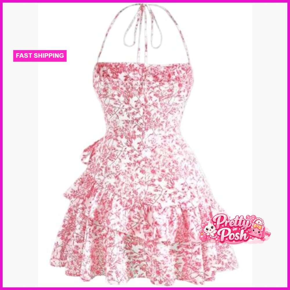 Polyester Elastane Halter Mini Dress with Ruffle … - image 3
